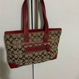 Coach Red and Brown Signature Tote